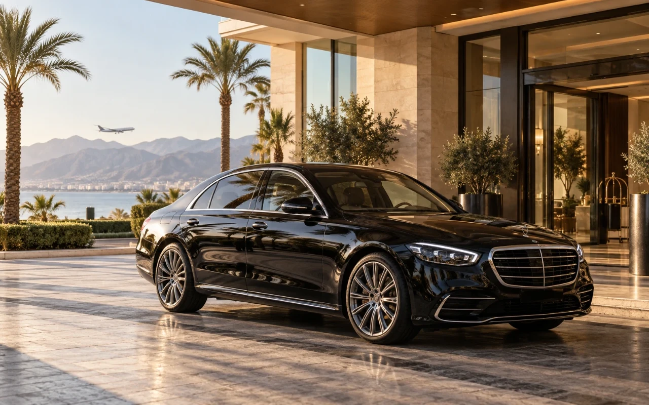 Antalya oteli önünde siyah business sedan transfer aracı