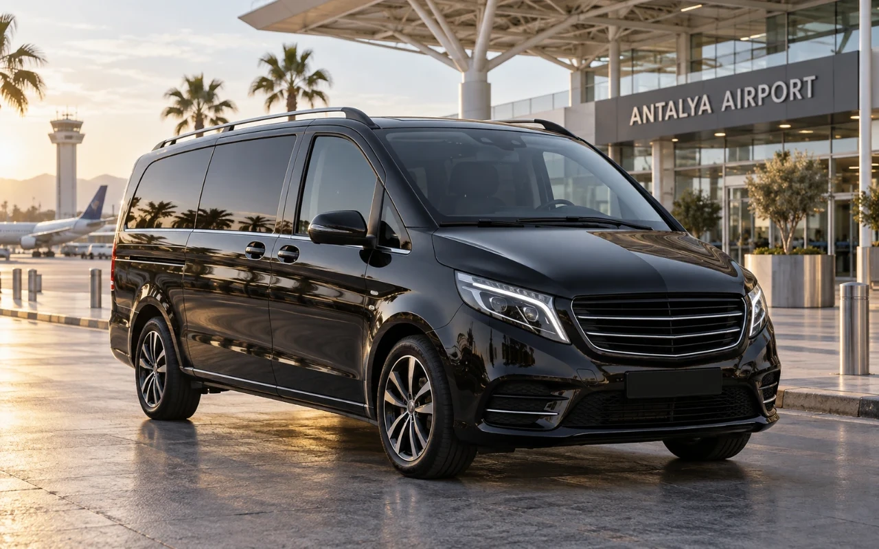 Antalya Havalimanı önünde siyah Mercedes Vito transfer aracı
