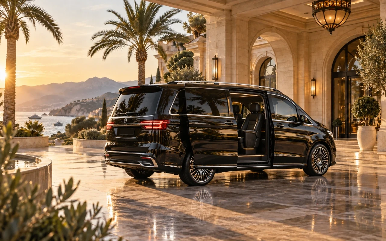 Otel girişinde sürgülü kapısı açık VIP minivan