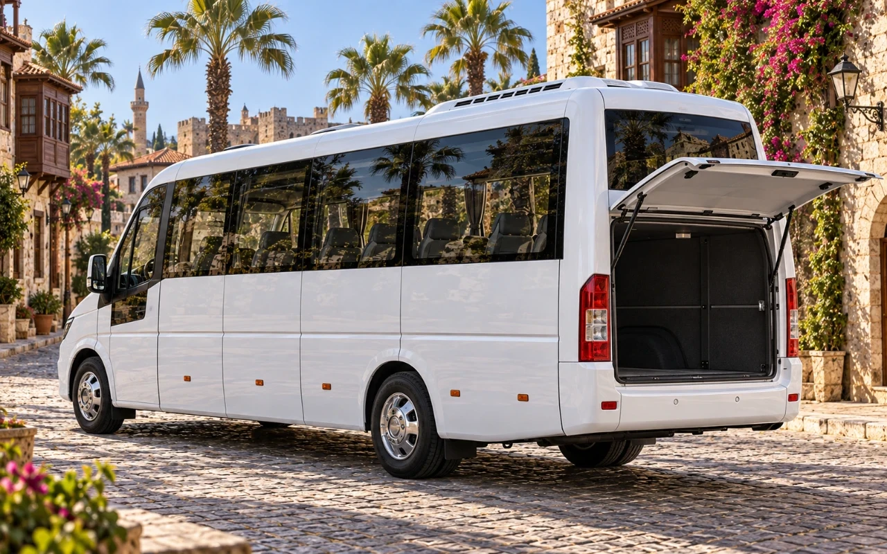 Minibüs dış görünümü ve açık bagaj bölmesi